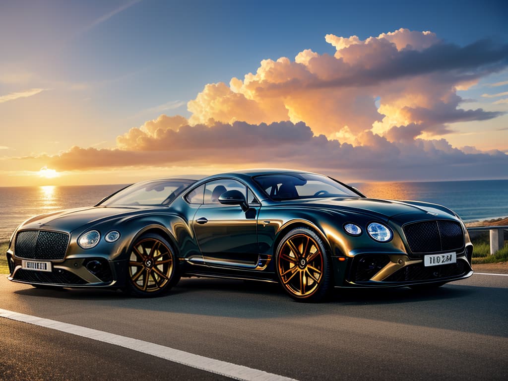  ethereal fantasy concept art of hyper realistic, Black 2024 Bentley Continental GT Mansory, wide angle, winding seaside road, epic sunrise, golden clouds, dramatic lighting, perfect composition, , 4k. magnificent, celestial, ethereal, painterly, epic, majestic, magical, fantasy art, cover art, dreamy