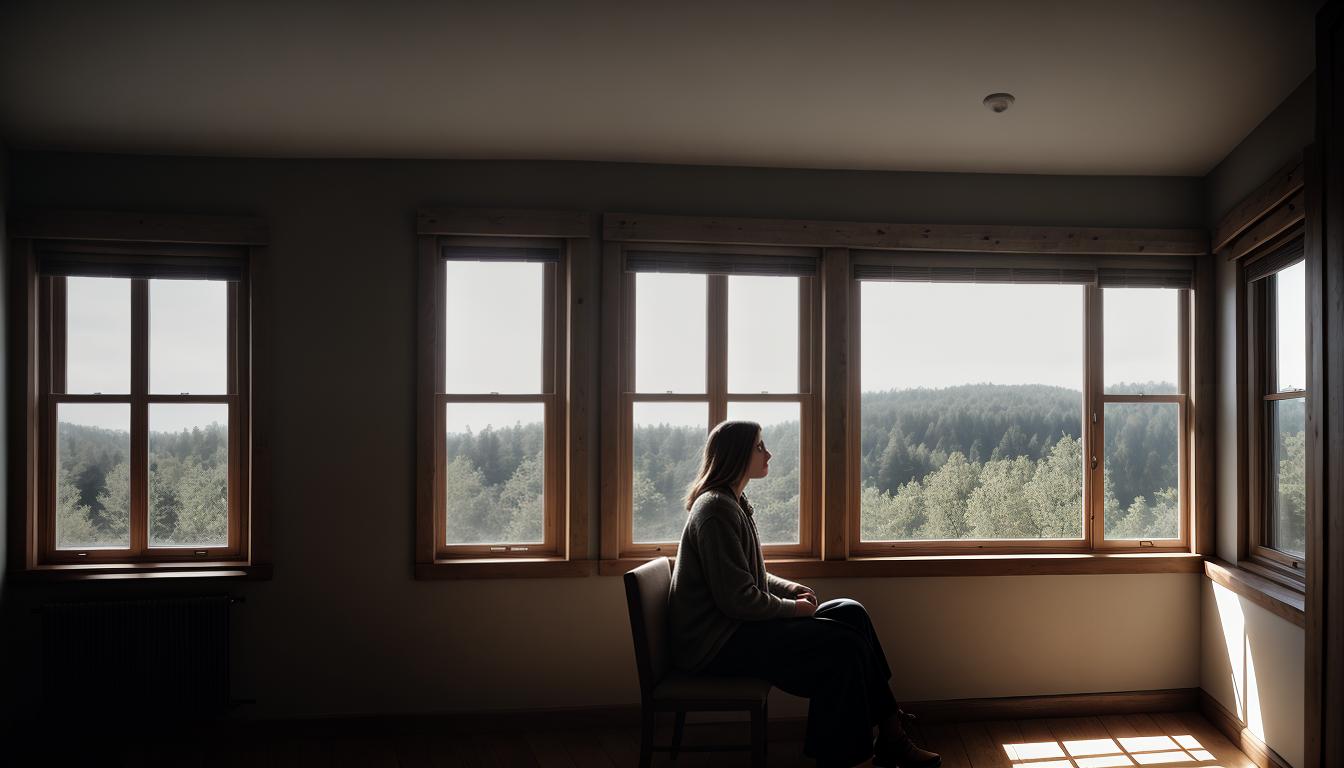  cinematic, aesthetic, A thoughtful person, neutral gender, sitting by a window, soft light filtering in, face in gentle contemplation, surrounding room rustic and cozy, 4k, HDR, lens flare