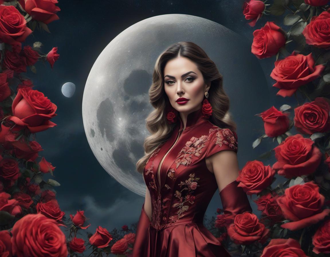  concept art An elaborate digital artwork of a woman in vintage attire with roses and a lunar backdrop. . digital artwork, illustrative, painterly, matte painting, highly detailed hyperrealistic, full body, detailed clothing, highly detailed, cinematic lighting, stunningly beautiful, intricate, sharp focus, f/1. 8, 85mm, (centered image composition), (professionally color graded), ((bright soft diffused light)), volumetric fog, trending on instagram, trending on tumblr, HDR 4K, 8K