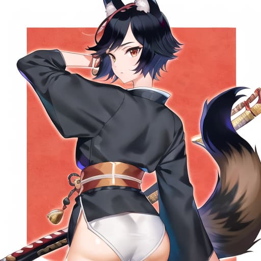  master piece , best quality,Fox ears and tail, short cut, Taisho era, holding a sword, hair color black, eye color red