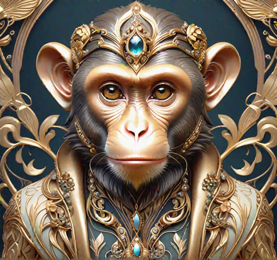  A charismatic monkey, portrayed with Art Nouveau elegance, captivates with its expressive eyes and intricate embellishments, soft, ethereal lighting, detailed ornamentation, charismatic, graceful, Art Nouveau Artwork style, digital painting. hyperrealistic, full body, detailed clothing, highly detailed, cinematic lighting, stunningly beautiful, intricate, sharp focus, f/1. 8, 85mm, (centered image composition), (professionally color graded), ((bright soft diffused light)), volumetric fog, trending on instagram, trending on tumblr, HDR 4K, 8K