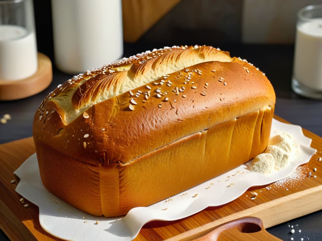  A closeup, ultradetailed image of a perfectly golden glutenfree loaf of bread fresh out of the oven, with a light dusting of flour on its crust and a few scattered sesame seeds on top, resting on a rustic wooden cutting board. The texture of the bread's crust is intricately detailed, showcasing its crispy surface, while the crumb inside appears soft and airy, with tiny air pockets visible throughout. The lighting is warm and inviting, casting soft shadows that highlight the bread's delicious appearance. hyperrealistic, full body, detailed clothing, highly detailed, cinematic lighting, stunningly beautiful, intricate, sharp focus, f/1. 8, 85mm, (centered image composition), (professionally color graded), ((bright soft diffused light)), volumetric fog, trending on instagram, trending on tumblr, HDR 4K, 8K