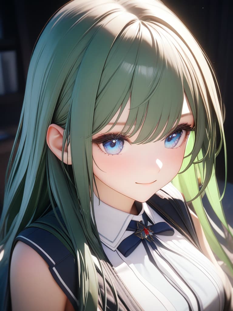  1girl,18yo,green hair,long hair,blue eyes,school uniform,light smile,3d,game cg,, masterpiece, best quality,8k,ultra detailed,high resolution,an extremely delicate and beautiful,hyper detail