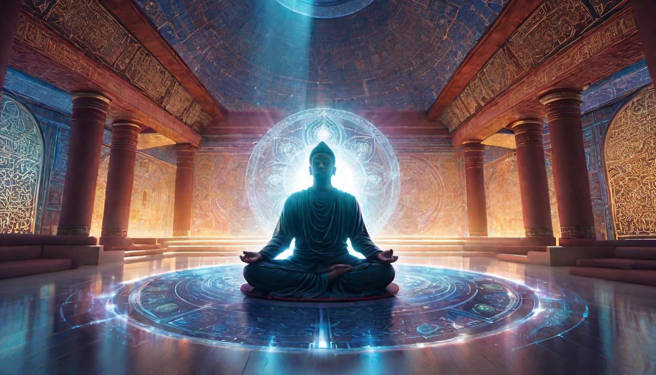  digital illustration, A person meditating in a serene, light filled room, surrounded by symbols of different religions and beliefs, intersecting beams of light converging on the meditator, harmony, aligned energies, aspirational radiance, looking at viewer, dynamic pose, (intricate details, masterpiece, best quality)