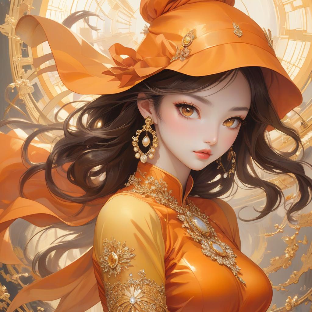  abstract expressionist painting A cartoon girl in an orange costume with gold jewelry, in the style of miho hirano, light yellow and dark brown, close up, traditional costumes, childlike simplicity, comic art, tondo . energetic brushwork, bold colors, abstract forms, expressive, emotional hyperrealistic, full body, detailed clothing, highly detailed, cinematic lighting, stunningly beautiful, intricate, sharp focus, f/1. 8, 85mm, (centered image composition), (professionally color graded), ((bright soft diffused light)), volumetric fog, trending on instagram, trending on tumblr, HDR 4K, 8K