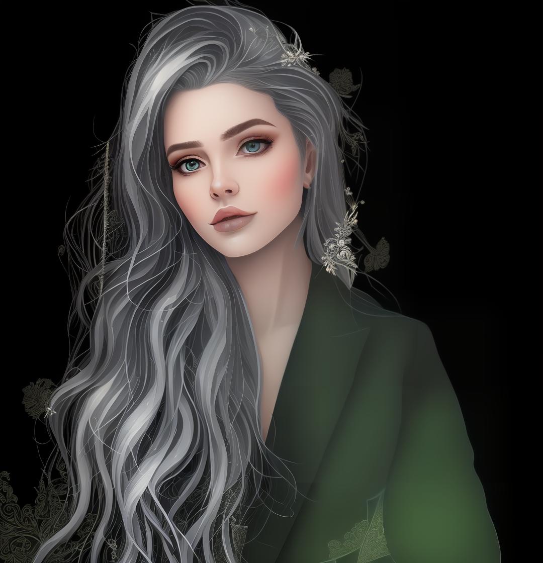 mdjrny-v4 style Create a Fantasy style avatar of a female Elf. Prominent Elf Ears, ears should be pointed, long, sharp, visible behind the hair. The character should have long, flowing silver hair, caught in a bun, adorned with delicate flowers. Her eyes should be almond shaped and bright green. She should wear an elegant, fitted tunic with intricate leaf patterns and embroidery. Her ears should be pointed and prominent, a defining feature of Elves. She should have a graceful and slender build, with pale, smooth skin.