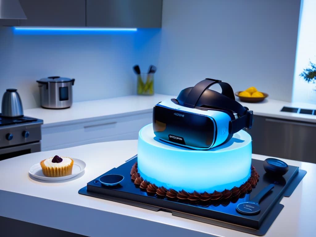  An ultradetailed image of a virtual reality headset placed on a sleek, modern kitchen counter. The headset is glowing with a soft blue light, casting a subtle reflection on the glossy countertop. In the background, a digital display shows a beautifully detailed, lifelike cake being created in a virtual environment, surrounded by futuristic culinary tools and ingredients. The scene conveys a sense of innovation and advanced technology merging seamlessly with traditional culinary practices, hinting at the exciting possibilities of virtual reality in pastry training. hyperrealistic, full body, detailed clothing, highly detailed, cinematic lighting, stunningly beautiful, intricate, sharp focus, f/1. 8, 85mm, (centered image composition), (professionally color graded), ((bright soft diffused light)), volumetric fog, trending on instagram, trending on tumblr, HDR 4K, 8K