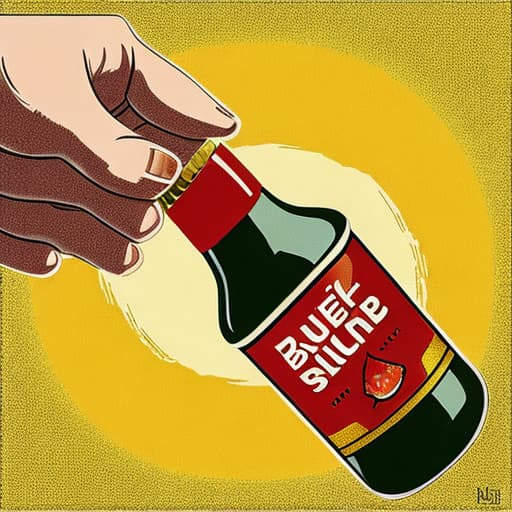  A pop art illustration of a bottle of ketchup made of rubies and gold