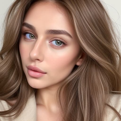  Beautiful Caucasian adult influencer with long brown natural realistic hair, hazel eyes, cute sharp nose, olive skin tone, realistic gorgeous, pretty model face