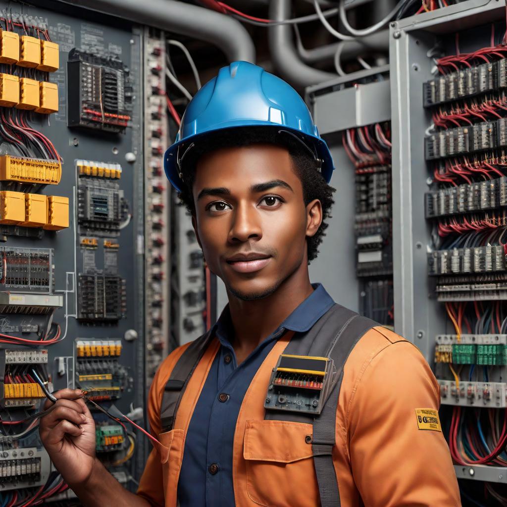  A realistic cartoon image of a 10 , a boy of African American descent, portraying to be an expert electrician engineer. He should have features reflecting his heritage, such as medium to dark brown skin, dark eyes, and locks for his hairstyle. He is wearing work attire and equipment as a uniform suitable for an electrician engineer, like a hard hat and a tool belt. The background should feature elements of his work, such as electrical panels, wires, or tools, focusing and his attire. The boy should be actively working on electrical engineering tasks. Maintain the realistic cartoon drawing style while showing the acting like an electrical engineer. hyperrealistic, full body, detailed clothing, highly detailed, cinematic lighting, stunningly beautiful, intricate, sharp focus, f/1. 8, 85mm, (centered image composition), (professionally color graded), ((bright soft diffused light)), volumetric fog, trending on instagram, trending on tumblr, HDR 4K, 8K