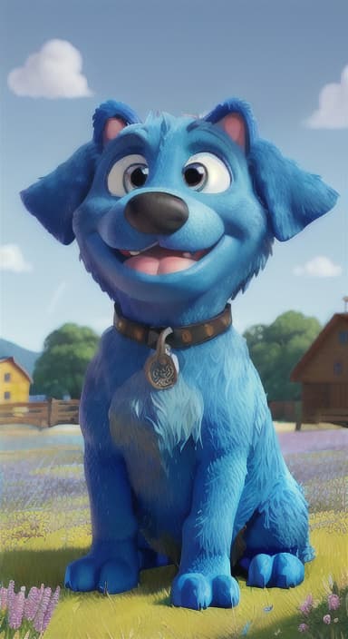  {A happy, big blue dog wagging its tail in a colorful meadow, The big blue dog is large with sky blue fur, big round eyes, a black nose, and floppy ears.