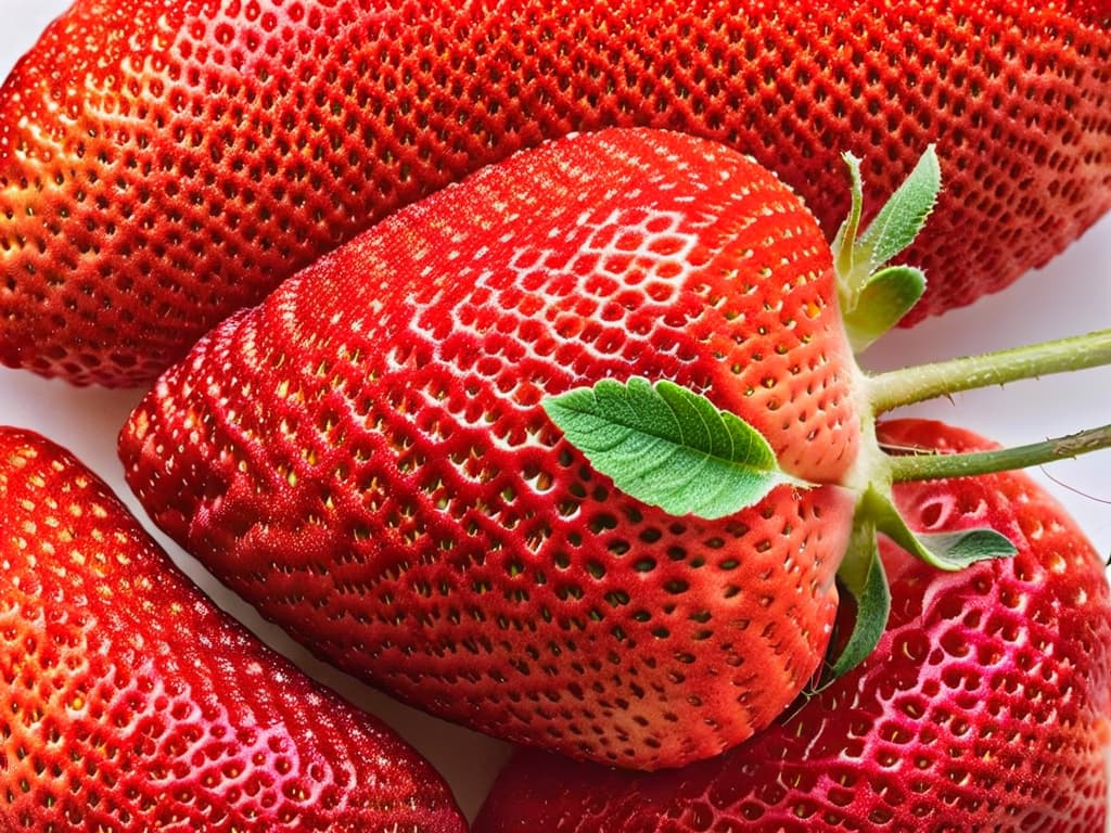  An ultradetailed closeup image of a perfectly ripe strawberry sliced in half, showcasing its vibrant red color, glistening seeds, and intricate pattern of tiny hairs on the surface, all against a stark white background. hyperrealistic, full body, detailed clothing, highly detailed, cinematic lighting, stunningly beautiful, intricate, sharp focus, f/1. 8, 85mm, (centered image composition), (professionally color graded), ((bright soft diffused light)), volumetric fog, trending on instagram, trending on tumblr, HDR 4K, 8K