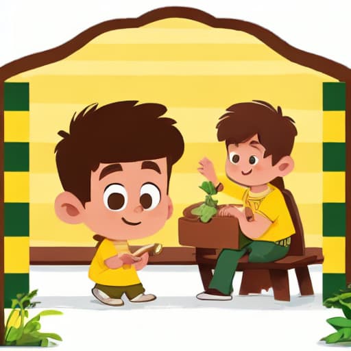  1boy, short brown hair, yellow shirt, green pants, bench, a brown bear