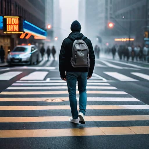  person crossing the street hyperrealistic, full body, detailed clothing, highly detailed, cinematic lighting, stunningly beautiful, intricate, sharp focus, f/1. 8, 85mm, (centered image composition), (professionally color graded), ((bright soft diffused light)), volumetric fog, trending on instagram, trending on tumblr, HDR 4K, 8K