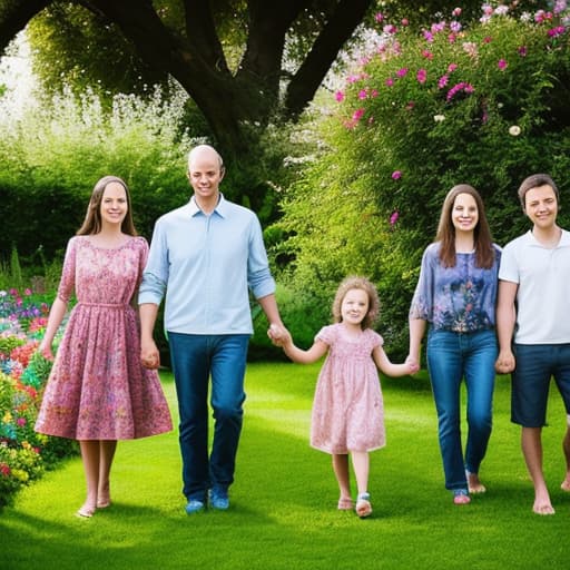  family with 5 kids and 2 parents in a garden full of flowers and trees