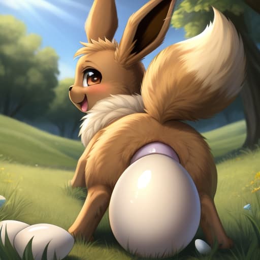  Eevee, feral, egg in ass, anal oviposition, view from behind,, open eyes, digital art, masterpiece, 4k, fine details,