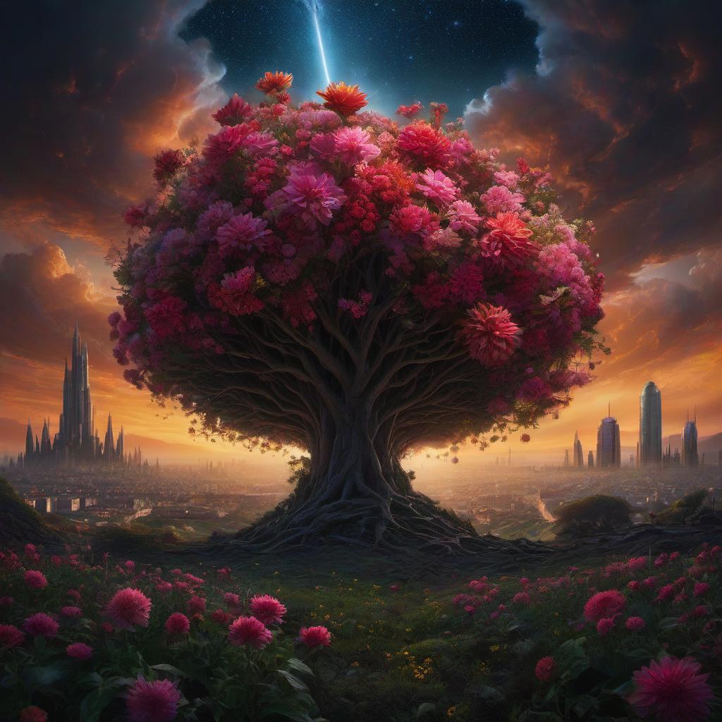  (stylized by Tomasz Alen Kopera:1.3) , dark art, dense flower field and Perseid meteor in background, landscape of a (Barcelona:1.2) , very Bizarre and 1600'S, Hurricane, Glitchcore, Amaro, layered textures, ornate, intricate artistic color, complimentary colors, very inspirational, atmosphere, fine artistic composition, sunny, theatrical hyperrealistic, full body, detailed clothing, highly detailed, cinematic lighting, stunningly beautiful, intricate, sharp focus, f/1. 8, 85mm, (centered image composition), (professionally color graded), ((bright soft diffused light)), volumetric fog, trending on instagram, trending on tumblr, HDR 4K, 8K