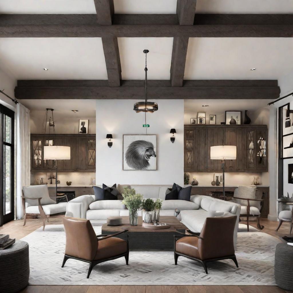   Design a cozy den with exposed wooden beams, a stone fireplace, and leather armchairs for a refined yet rustic feel. 8k, cinematic lighting, HDR