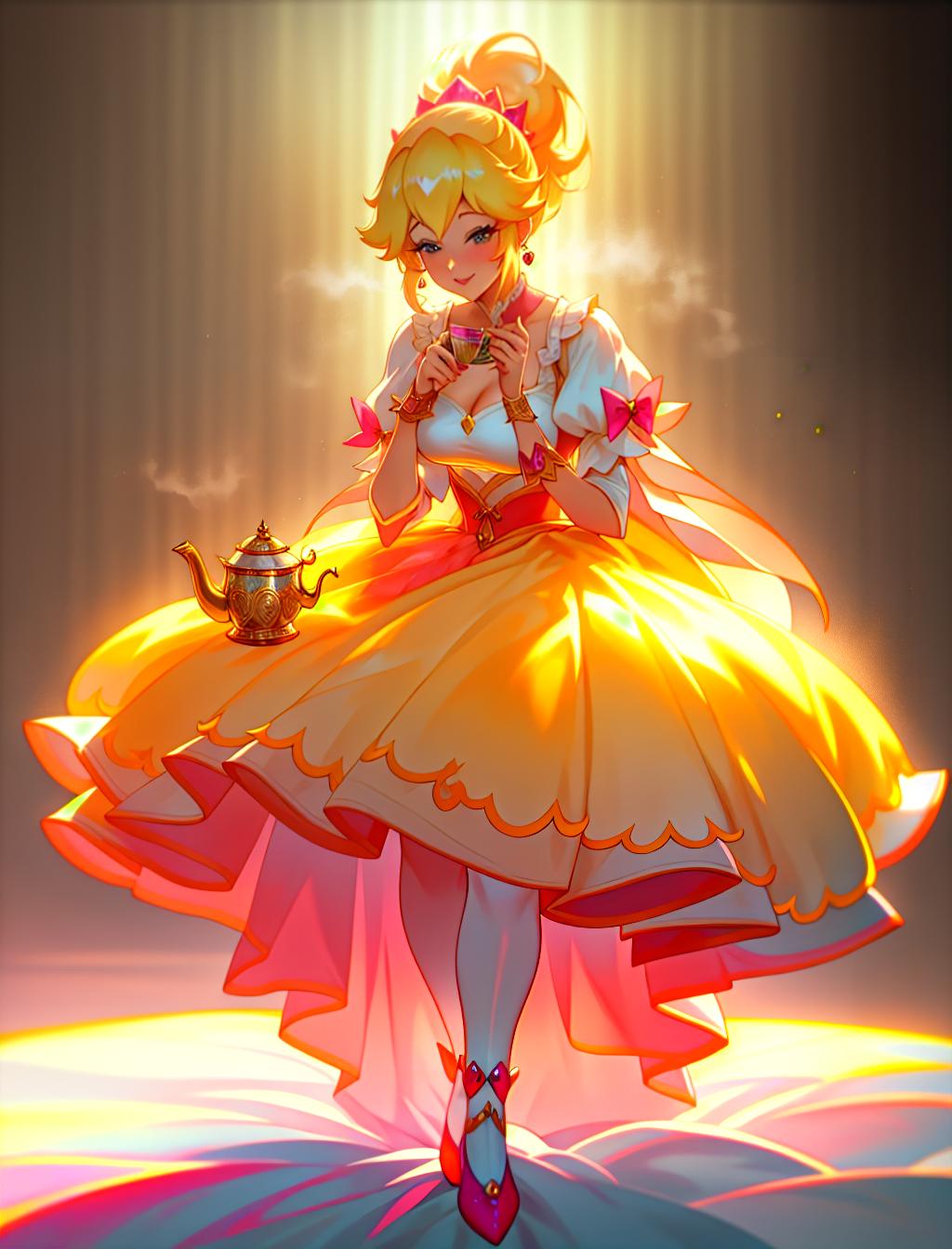  Princess peach, holding tea, blonde hair, hair tied up in ponytail, jewelry, table full of sweet candy, happy expression, tea room, pink fancy dress, hyperrealistic, full body, detailed clothing, highly detailed, cinematic lighting, stunningly beautiful, intricate, sharp focus, f/1. 8, 85mm, (centered image composition), (professionally color graded), ((bright soft diffused light)), volumetric fog, trending on instagram, trending on tumblr, HDR 4K, 8K hyperrealistic, full body, detailed clothing, highly detailed, cinematic lighting, stunningly beautiful, intricate, sharp focus, f/1. 8, 85mm, (centered image composition), (professionally color graded), ((bright soft diffused light)), volumetric fog, trending on instagram, trending on tumblr, HDR 4K, 8K