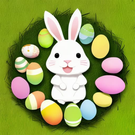  Happy bunny with many Easter eggs on grass festive background for decorative design