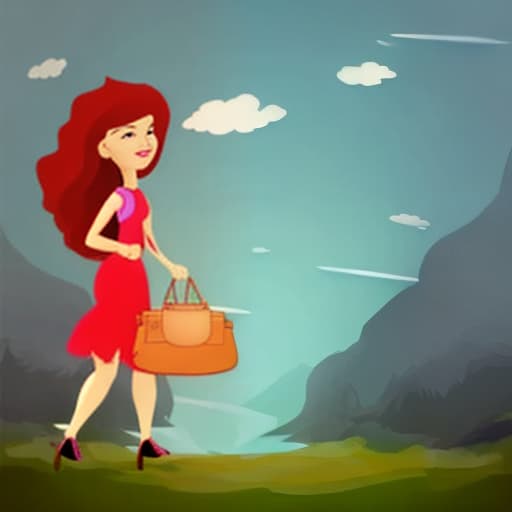  cartoon style: A beautyful girl walking in a village with a bag.