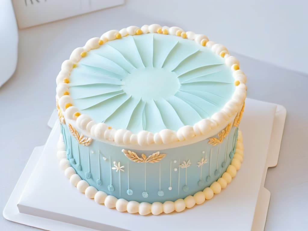  A closeup, ultradetailed image of a pristine white fondant cake decorated with intricate piping details in pastel colors, showcasing flawless craftsmanship and precision. The cake sits on a sleek, modern cake stand against a clean, white background, emphasizing the meticulous artistry and professionalism required in cake decoration. hyperrealistic, full body, detailed clothing, highly detailed, cinematic lighting, stunningly beautiful, intricate, sharp focus, f/1. 8, 85mm, (centered image composition), (professionally color graded), ((bright soft diffused light)), volumetric fog, trending on instagram, trending on tumblr, HDR 4K, 8K