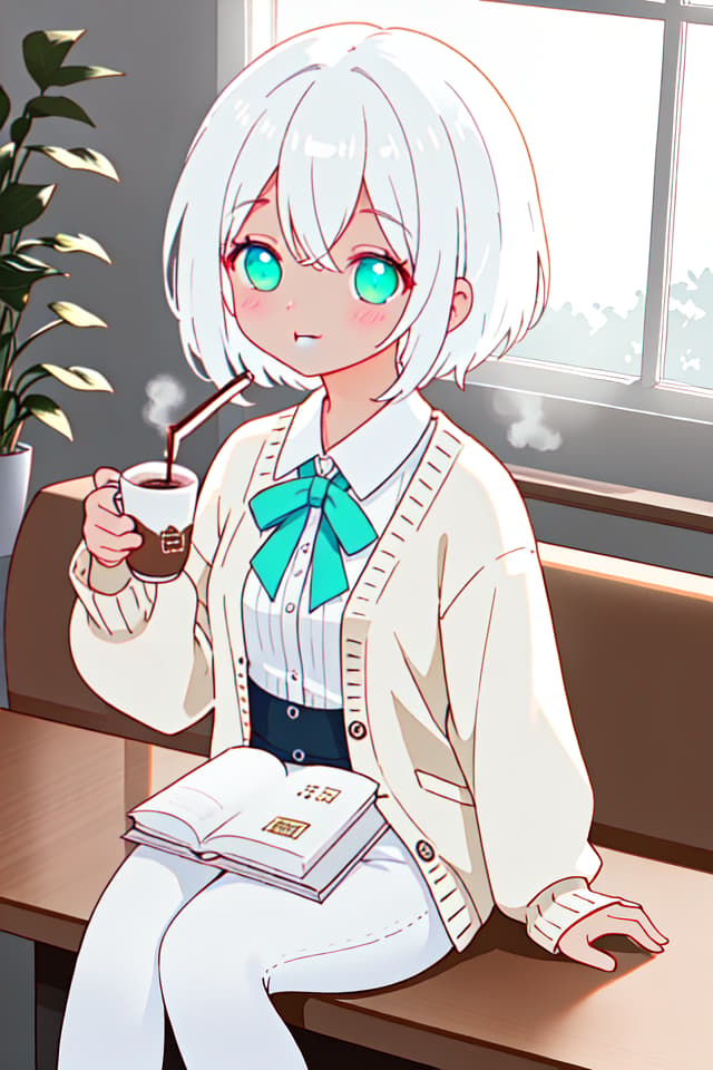  ((masterpiece)),((highest quality 16k)),((ephemeral)),((detailed and delicate)),white hair,cardigan,sitting,cafe,((drinking hot chocolate)),upper body,close view,cute,happy smile,NEON COLOR,LOFI COLOR,glowify hyperrealistic, full body, detailed clothing, highly detailed, cinematic lighting, stunningly beautiful, intricate, sharp focus, f/1. 8, 85mm, (centered image composition), (professionally color graded), ((bright soft diffused light)), volumetric fog, trending on instagram, trending on tumblr, HDR 4K, 8K