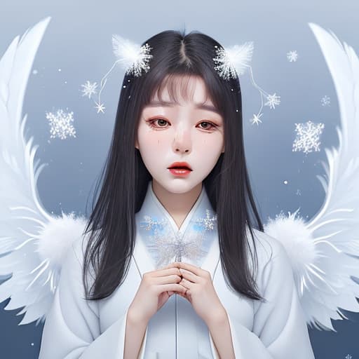  Korean woman crying with mystical snowflake wings and antennas