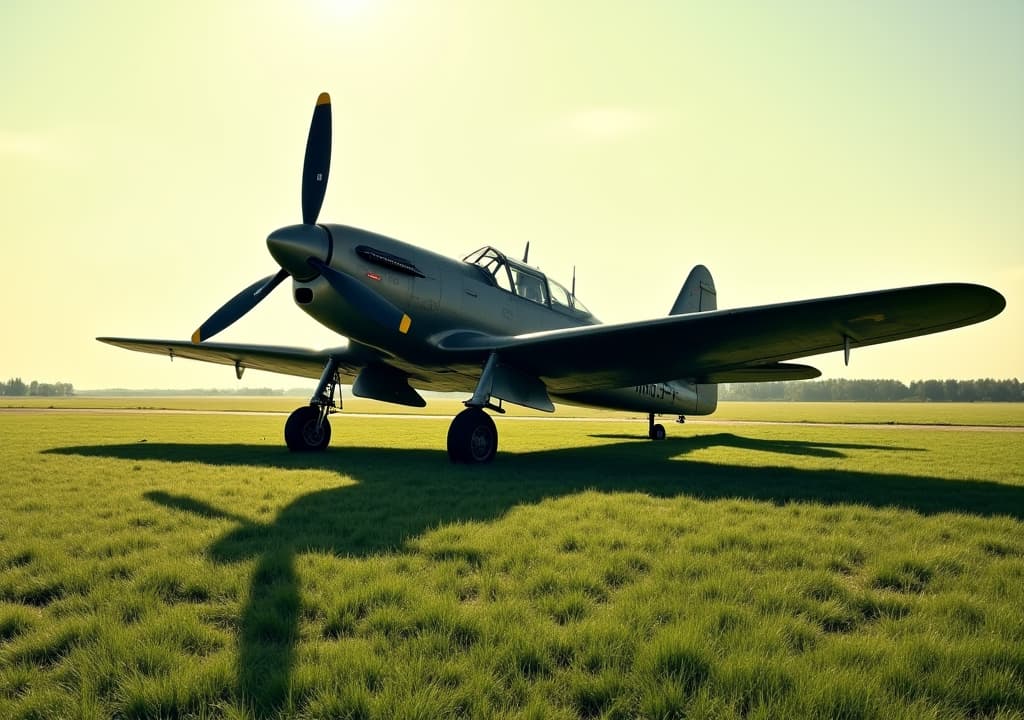  good quality, high quality, shadow of a wwii fighter prop plane on the ground, green field