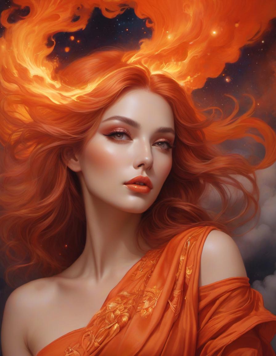  ethereal fantasy concept art of Gorgeous Goddess of fire, (floating on a fiery orange cloud); perfect hair, perfect full lips, Detailed perfect body, her body is all without blemish, stunning In A Milky Way Garden, background of flames, floating on clouds, Highly Stylized Features; (Full Body), Unsplash, Highly Detailed, Digital Painting, Intricately Detailed Eyes, Colourful, Ink Painting, Beautiful Watercolor Painting, Realistic, Detailed, Fine Art, Oil Painting, Finely Drawn Hands; By Artgerm, By Alphonse Mucha, By Ilya Kuvshinov, Painting By Olga Shvartsur, Svetlana Novikova . magnificent, celestial, ethereal, painterly, epic, majestic, magical, fantasy art, cover art, dreamy hyperrealistic, full body, detailed clothing, highly detailed, cinematic lighting, stunningly beautiful, intricate, sharp focus, f/1. 8, 85mm, (centered image composition), (professionally color graded), ((bright soft diffused light)), volumetric fog, trending on instagram, trending on tumblr, HDR 4K, 8K