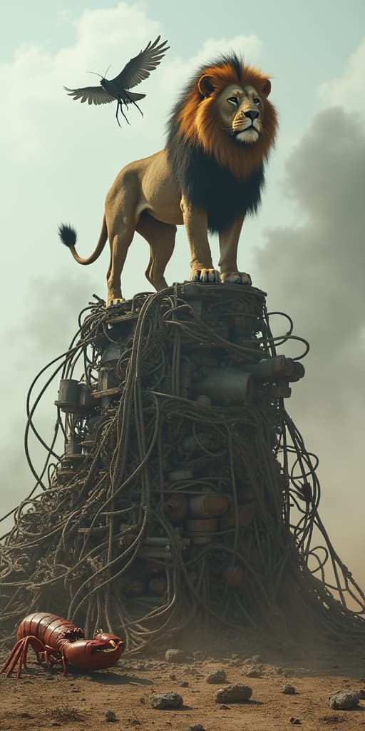  good quality, high quality, one lion standing on a steampunk pile out of metal bars and metal cables, down below is a lobster, above is a venture flying, dusty, mad max, epic, highly detailed, ultrarealistic, black smoke