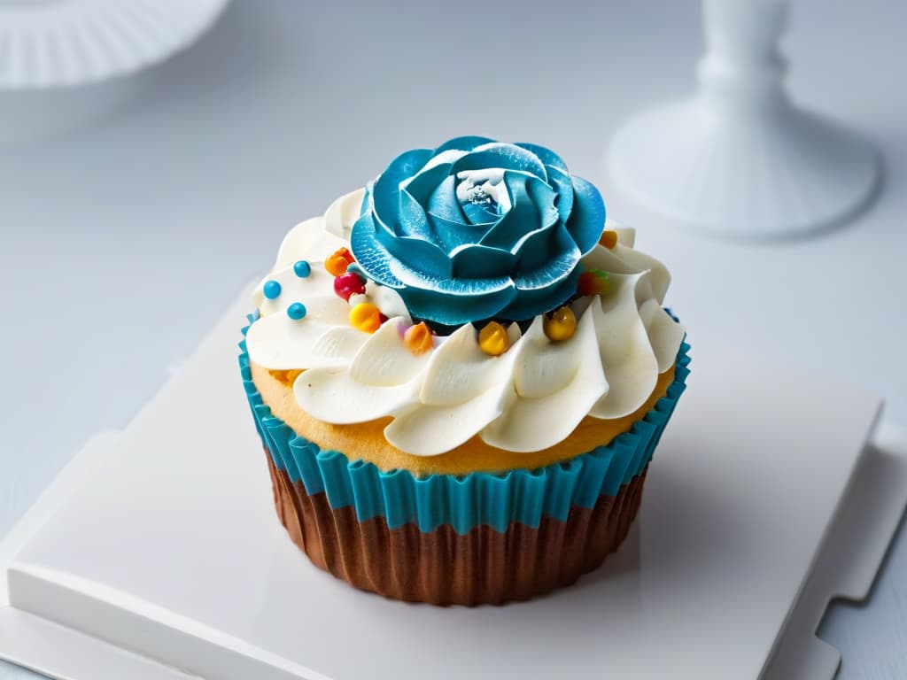  An ultradetailed closeup image of a delicate, intricately decorated miniature cupcake, showcasing vibrant colors and intricate piping work on the frosting. The cupcake is placed on a sleek, modern white plate, with a soft focus background that highlights the fine details of the dessert. hyperrealistic, full body, detailed clothing, highly detailed, cinematic lighting, stunningly beautiful, intricate, sharp focus, f/1. 8, 85mm, (centered image composition), (professionally color graded), ((bright soft diffused light)), volumetric fog, trending on instagram, trending on tumblr, HDR 4K, 8K