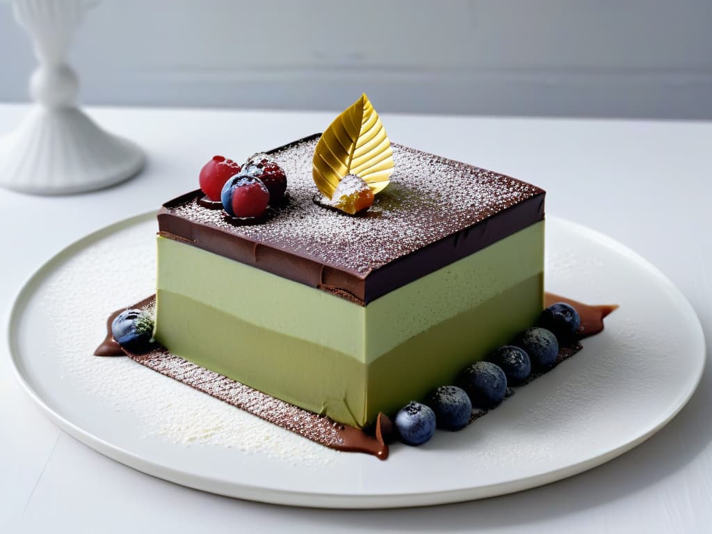  A closeup, ultradetailed image of a decadent dessert fusion creation, showcasing layers of rich chocolate ganache, delicate matcha mousse, and a sprinkle of edible gold leaf on top. The dessert is elegantly presented on a sleek, white minimalist plate, with a dusting of powdered sugar creating a subtle contrast against the dark chocolate. The textures and colors of the dessert are incredibly vivid, highlighting the intricate details of each layer and reflecting a sophisticated fusion of flavors and aesthetics. hyperrealistic, full body, detailed clothing, highly detailed, cinematic lighting, stunningly beautiful, intricate, sharp focus, f/1. 8, 85mm, (centered image composition), (professionally color graded), ((bright soft diffused light)), volumetric fog, trending on instagram, trending on tumblr, HDR 4K, 8K