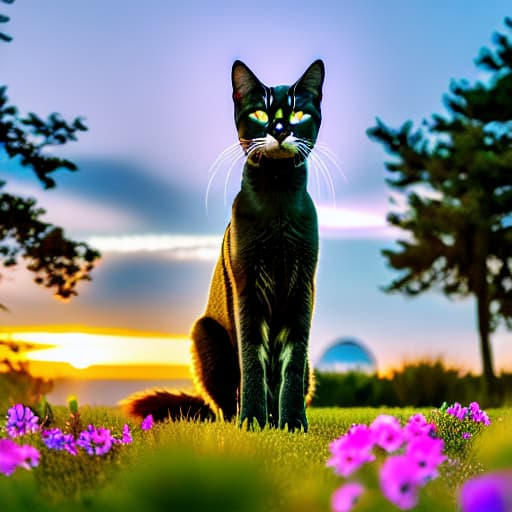  A cyber cat with giant electro flowers at sunrise generative ai hyperrealistic, full body, detailed clothing, highly detailed, cinematic lighting, stunningly beautiful, intricate, sharp focus, f/1. 8, 85mm, (centered image composition), (professionally color graded), ((bright soft diffused light)), volumetric fog, trending on instagram, trending on tumblr, HDR 4K, 8K