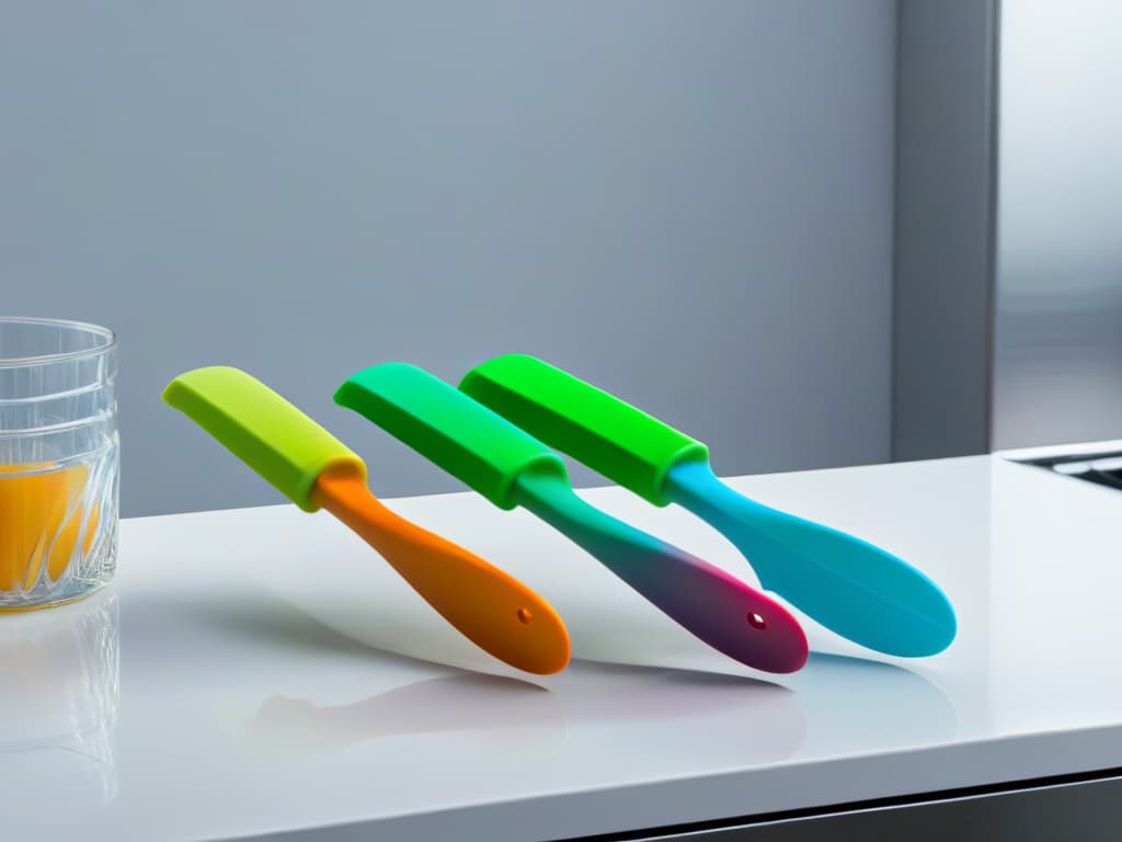  An ultradetailed 8k image of a sleek, modern kitchen countertop featuring an array of colorful, highquality silicone spatulas neatly arranged in a row, with each spatula showcasing a different design and color variation. The spatulas are catching the light, highlighting their smooth, glossy surfaces, and the overall composition exudes a sense of precision and elegance. hyperrealistic, full body, detailed clothing, highly detailed, cinematic lighting, stunningly beautiful, intricate, sharp focus, f/1. 8, 85mm, (centered image composition), (professionally color graded), ((bright soft diffused light)), volumetric fog, trending on instagram, trending on tumblr, HDR 4K, 8K