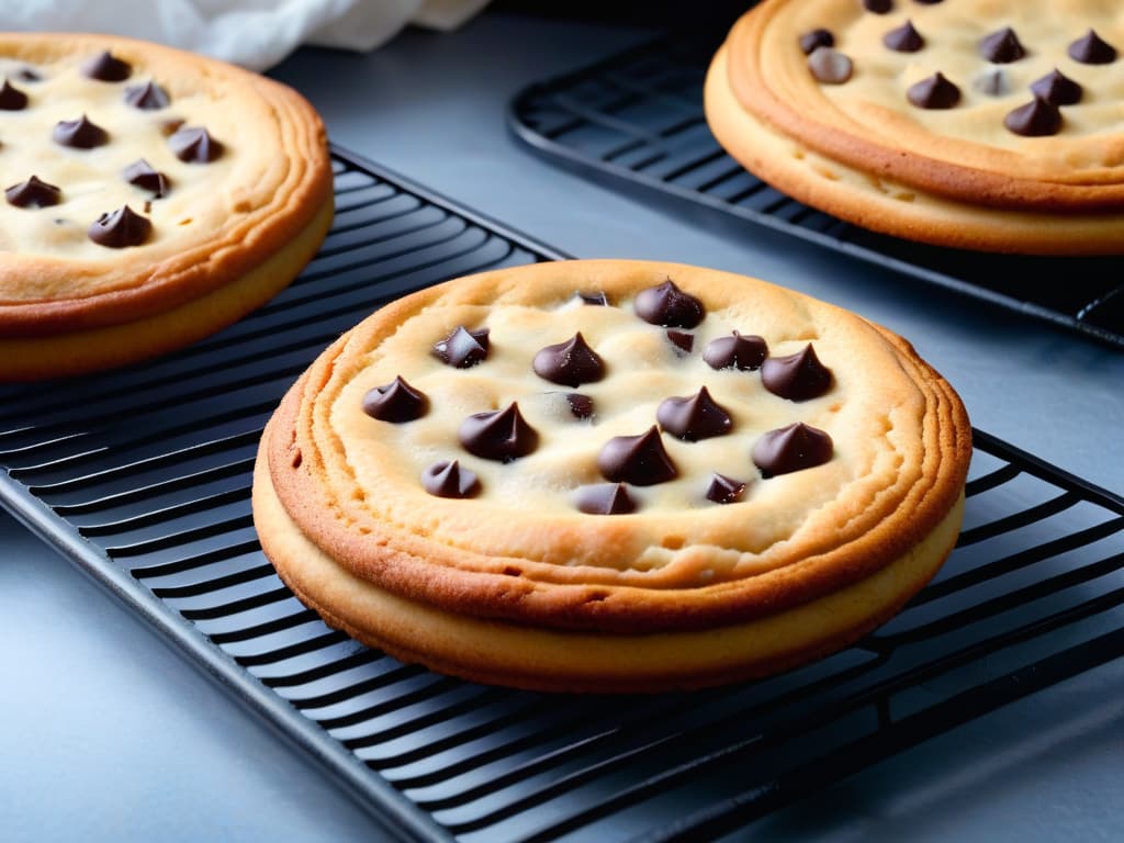  A closeup, ultradetailed image of a perfectly goldenbrown chocolate chip cookie fresh out of the oven, with steam rising delicately from its surface. The cookie is placed on a sleek, modern, matte black cooling rack, set against a stark white backdrop. Each chocolate chip glistens in the light, and the texture of the cookie's crinkled edges and soft center is incredibly sharp and clear in this 8k resolution image. hyperrealistic, full body, detailed clothing, highly detailed, cinematic lighting, stunningly beautiful, intricate, sharp focus, f/1. 8, 85mm, (centered image composition), (professionally color graded), ((bright soft diffused light)), volumetric fog, trending on instagram, trending on tumblr, HDR 4K, 8K