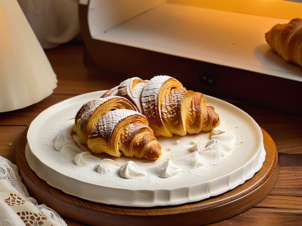  A closeup, ultradetailed image of a perfectly golden and flaky croissant, dusted with a light sprinkle of powdered sugar, resting on a delicate white porcelain plate with subtle floral patterns. The croissant is set against a softfocus background of a vintage French bakery, showcasing rustic wooden shelves filled with assorted pastries and the warm glow of morning light filtering through a lace curtain. hyperrealistic, full body, detailed clothing, highly detailed, cinematic lighting, stunningly beautiful, intricate, sharp focus, f/1. 8, 85mm, (centered image composition), (professionally color graded), ((bright soft diffused light)), volumetric fog, trending on instagram, trending on tumblr, HDR 4K, 8K