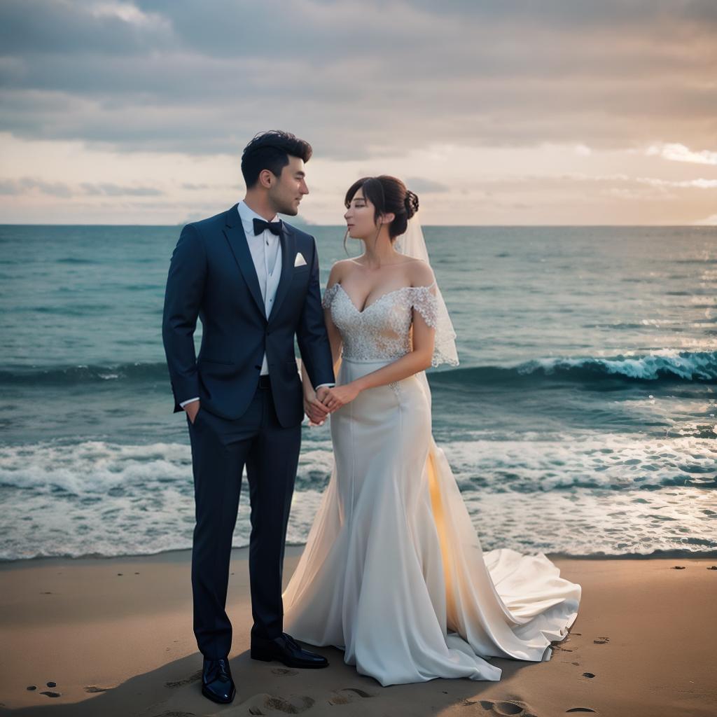  anime groom and his wife Romantic place with sunshine at the beach hyperrealistic, full body, detailed clothing, highly detailed, cinematic lighting, stunningly beautiful, intricate, sharp focus, f/1. 8, 85mm, (centered image composition), (professionally color graded), ((bright soft diffused light)), volumetric fog, trending on instagram, trending on tumblr, HDR 4K, 8K