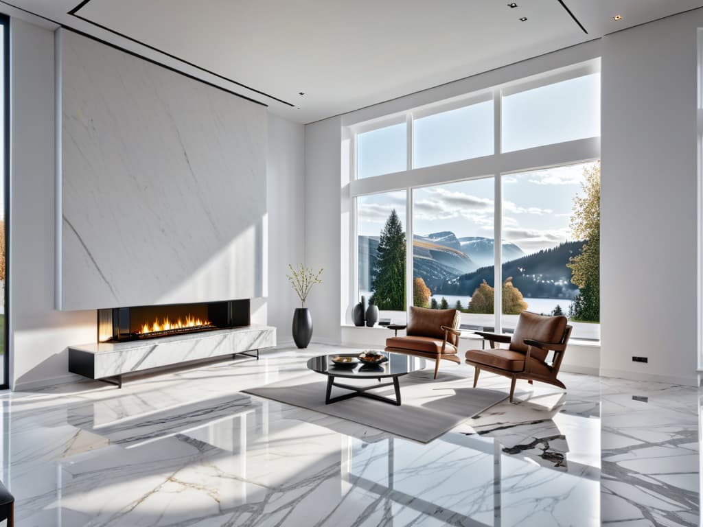  A large modern living room with a fireplace, a large tv on the fire place, a sectional sofa with a coffee table and two single arm chairs next to it. All the furniture is overlooking the window from where natural sunlight fills the room. Use marble flooring. Cinematic photo, highly detailed, cinematic lighting, ultra detailed, ultrarealistic, photorealism, 8k. Scandinavian interior design style  hyperrealistic, full body, detailed clothing, highly detailed, cinematic lighting, stunningly beautiful, intricate, sharp focus, f/1. 8, 85mm, (centered image composition), (professionally color graded), ((bright soft diffused light)), volumetric fog, trending on instagram, trending on tumblr, HDR 4K, 8K