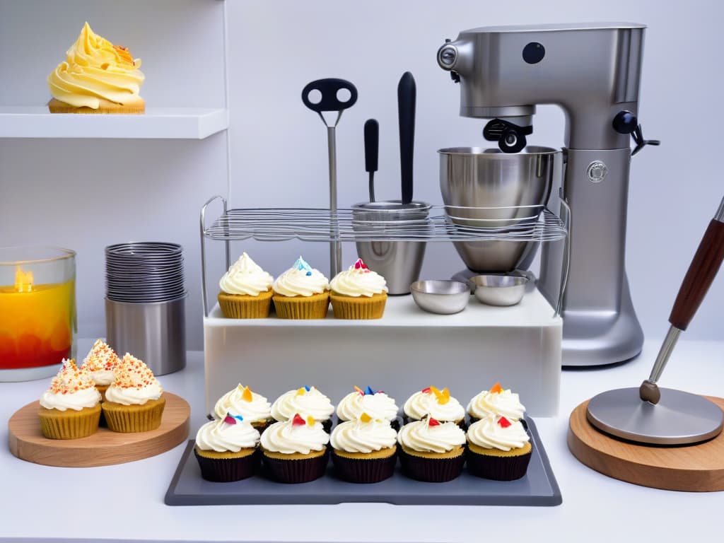  A closeup, ultradetailed image of a sleek, modern kitchen countertop adorned with an array of specialized pastry tools and accessories neatly arranged. The tools include precision piping bags, assorted metal piping tips, a highquality kitchen scale, a marble rolling pin, and a stack of colorful cupcake liners. The image showcases the meticulous organization and highquality craftsmanship of the tools, embodying the essence of professional and inspiring baking. hyperrealistic, full body, detailed clothing, highly detailed, cinematic lighting, stunningly beautiful, intricate, sharp focus, f/1. 8, 85mm, (centered image composition), (professionally color graded), ((bright soft diffused light)), volumetric fog, trending on instagram, trending on tumblr, HDR 4K, 8K