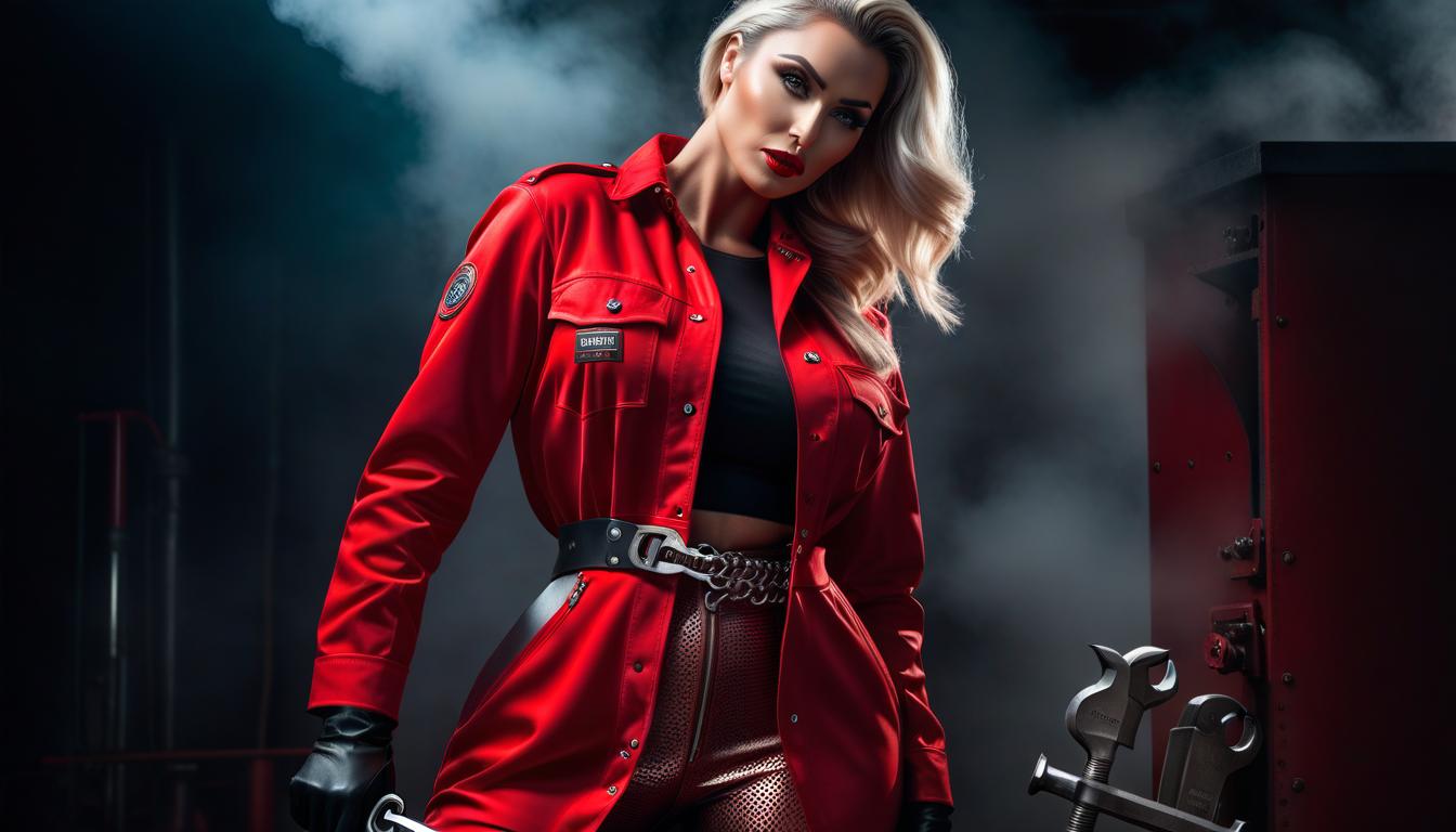  Girl in red with a wrench. hyperrealistic, full body, detailed clothing, highly detailed, cinematic lighting, stunningly beautiful, intricate, sharp focus, f/1. 8, 85mm, (centered image composition), (professionally color graded), ((bright soft diffused light)), volumetric fog, trending on instagram, trending on tumblr, HDR 4K, 8K