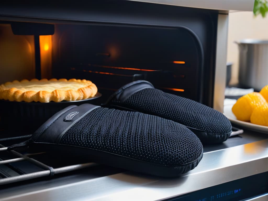  A photorealistic image of a pair of sleek black silicone oven mitts with a professional design, featuring advanced heat protection technology. The gloves are shown in a modern kitchen setting, next to a hot oven, with steam rising from a freshly baked pie, emphasizing their durability, highquality material, and advanced protective features. hyperrealistic, full body, detailed clothing, highly detailed, cinematic lighting, stunningly beautiful, intricate, sharp focus, f/1. 8, 85mm, (centered image composition), (professionally color graded), ((bright soft diffused light)), volumetric fog, trending on instagram, trending on tumblr, HDR 4K, 8K