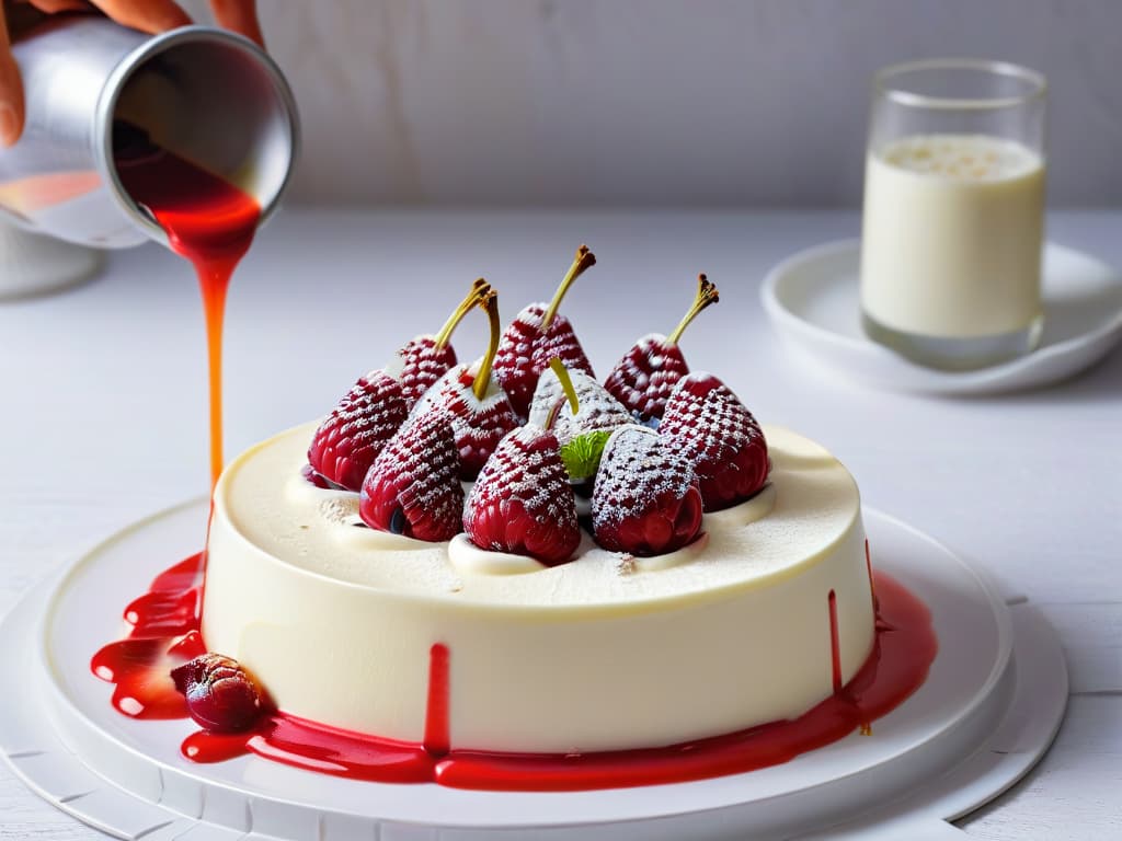  A closeup, photorealistic image of a vibrant, glossy raspberry coulis being slowly drizzled onto a perfectly set panna cotta dessert. The rich red sauce cascades down the creamy surface, capturing the moment of gelification in a visually striking and mouthwatering display of culinary artistry. The intricate details of the smooth panna cotta and the glistening raspberry coulis create a visually captivating scene that embodies the essence of innovative pastry gelification techniques. hyperrealistic, full body, detailed clothing, highly detailed, cinematic lighting, stunningly beautiful, intricate, sharp focus, f/1. 8, 85mm, (centered image composition), (professionally color graded), ((bright soft diffused light)), volumetric fog, trending on instagram, trending on tumblr, HDR 4K, 8K