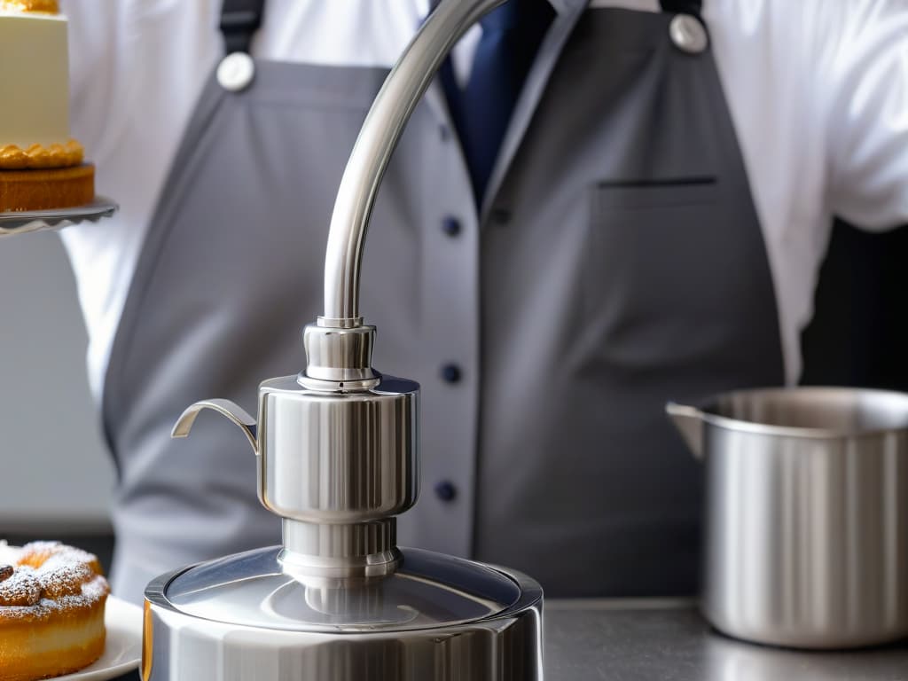  A closeup, ultradetailed image of a sleek, stainless steel siphon for pastry, with a shiny nozzle and intricate pressurizing mechanism, set against a soft, blurred background to highlight its elegant and professional design. hyperrealistic, full body, detailed clothing, highly detailed, cinematic lighting, stunningly beautiful, intricate, sharp focus, f/1. 8, 85mm, (centered image composition), (professionally color graded), ((bright soft diffused light)), volumetric fog, trending on instagram, trending on tumblr, HDR 4K, 8K