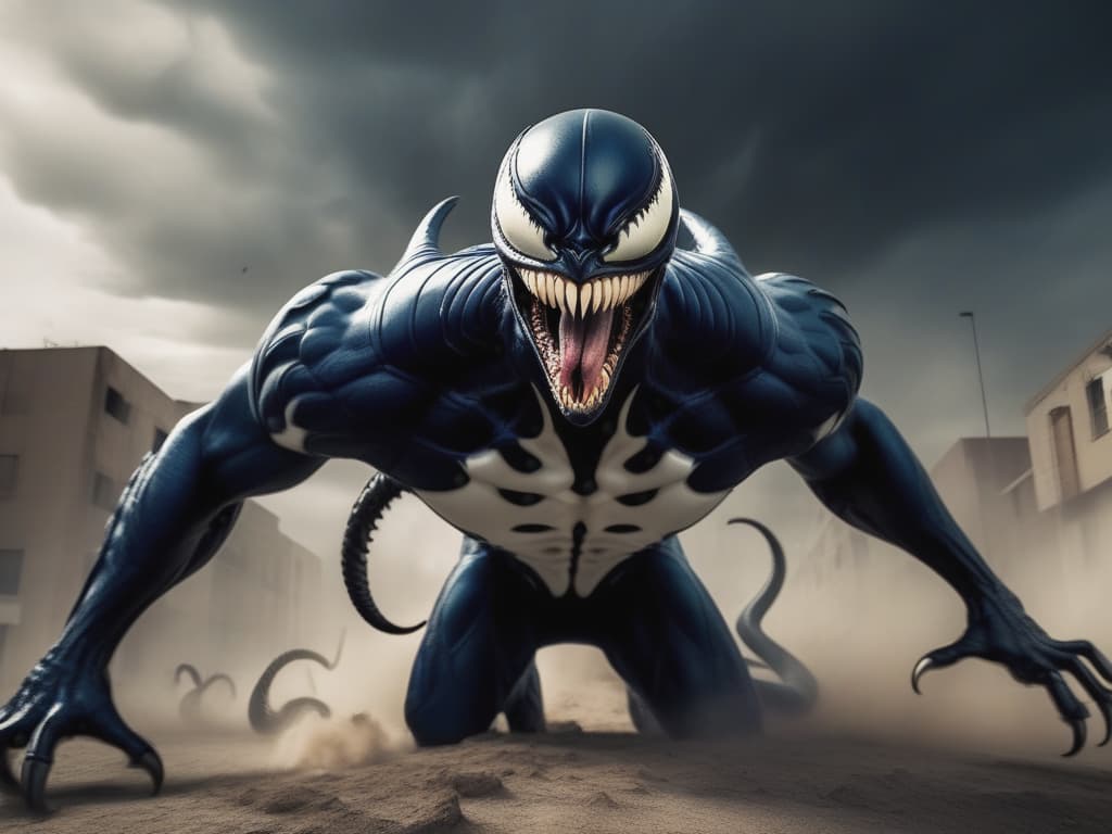 En impactante resolución HD 8K, Villano Venom se yergue con alas desplegadas, garras afiladas en posición de ataque. Tras él, un paisaje desolado y en llamas añade dramatismo a esta composición épica. La intensidad visual cobra vida en esta representación detallada.