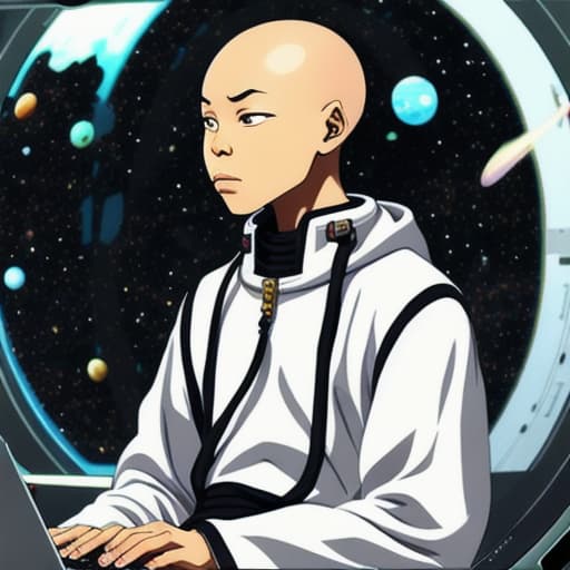  Sad cyber black anime monk in space