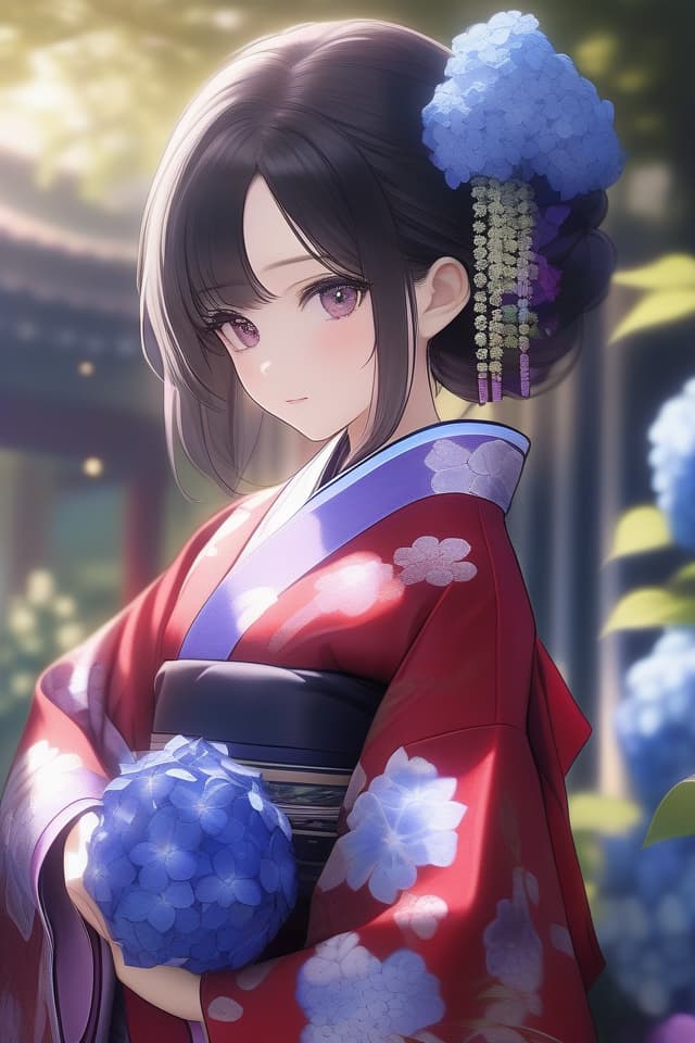  Beautiful girl with black hair,DOLL,Masterpiece,(deep red kimono with blue hydrangea pattern),kimono with long furisode sleeves,purple obi,in garden at night,high quality,8k,16k