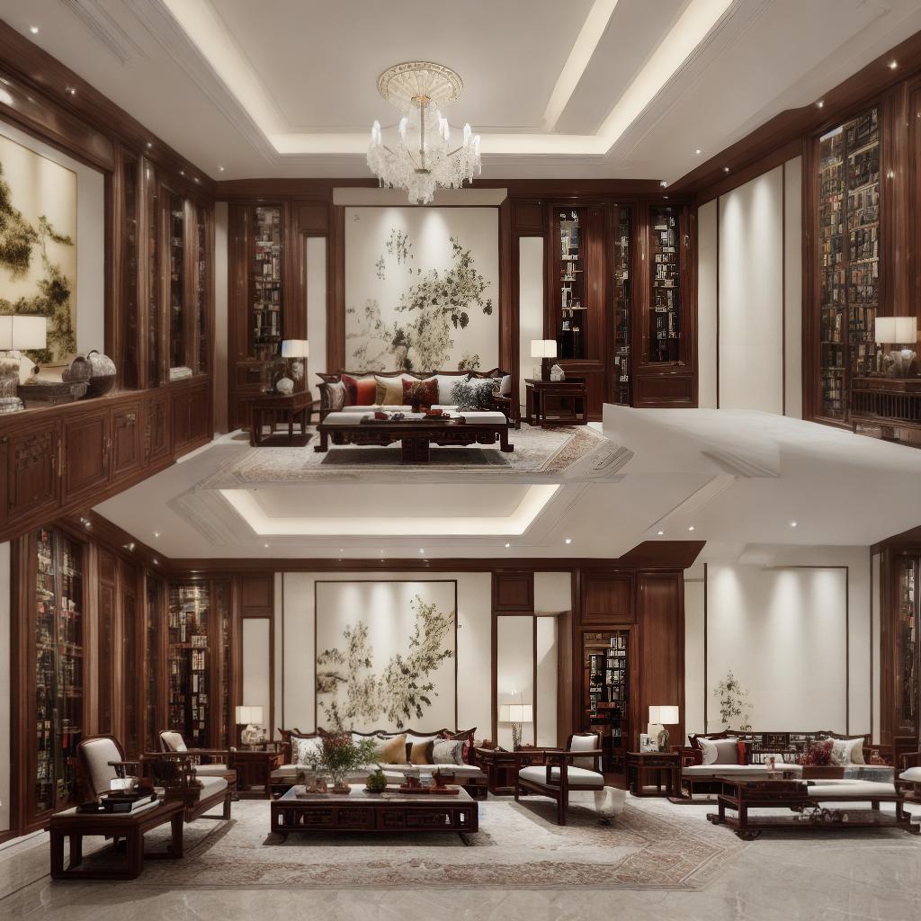  A photograph of a living room blending New Chinese style elements with a focus on reading and secondary use for hosting guests. The furniture combines Chinese mahogany with European styles, creating a classical and elegant interior atmosphere. Include bookshelves filled with an assortment of books, a comfortable reading nook with natural lighting, and subtle art pieces that enhance the cultural richness of the space. Created Using: High resolution, natural lighting, detailed texture on wood and fabric, elegant, classical, cultural richness, harmonious color palette hyperrealistic, full body, detailed clothing, highly detailed, cinematic lighting, stunningly beautiful, intricate, sharp focus, f/1. 8, 85mm, (centered image composition), (professionally color graded), ((bright soft diffused light)), volumetric fog, trending on instagram, trending on tumblr, HDR 4K, 8K