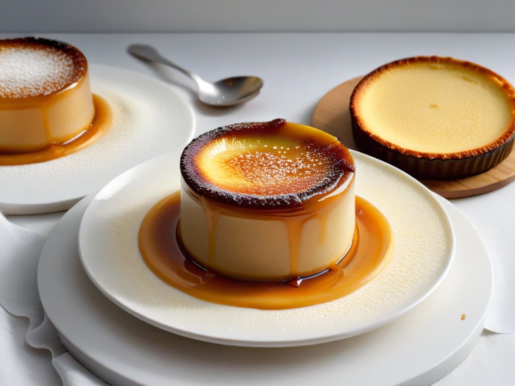  An ultradetailed closeup image of a perfectly caramelized crème brûlée, showcasing the goldenbrown caramelized sugar layer cracking under a spoon's pressure, revealing the velvety custard underneath. The surface texture of the caramel is highlighted, with intricate cracks and bubbles, while the creamy custard appears rich and smooth in contrast. The image captures the essence of indulgent sweetness in a minimalist and elegant composition. hyperrealistic, full body, detailed clothing, highly detailed, cinematic lighting, stunningly beautiful, intricate, sharp focus, f/1. 8, 85mm, (centered image composition), (professionally color graded), ((bright soft diffused light)), volumetric fog, trending on instagram, trending on tumblr, HDR 4K, 8K