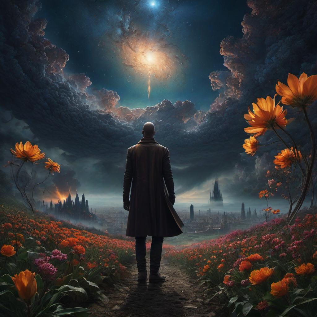  (stylized by Tomasz Alen Kopera:1.3) , dark art, dense flower field and Perseid meteor in background, landscape of a (Barcelona:1.2) , very Bizarre and 1600'S, Hurricane, Glitchcore, Amaro, layered textures, ornate, intricate artistic color, complimentary colors, very inspirational, atmosphere, fine artistic composition, sunny, theatrical hyperrealistic, full body, detailed clothing, highly detailed, cinematic lighting, stunningly beautiful, intricate, sharp focus, f/1. 8, 85mm, (centered image composition), (professionally color graded), ((bright soft diffused light)), volumetric fog, trending on instagram, trending on tumblr, HDR 4K, 8K